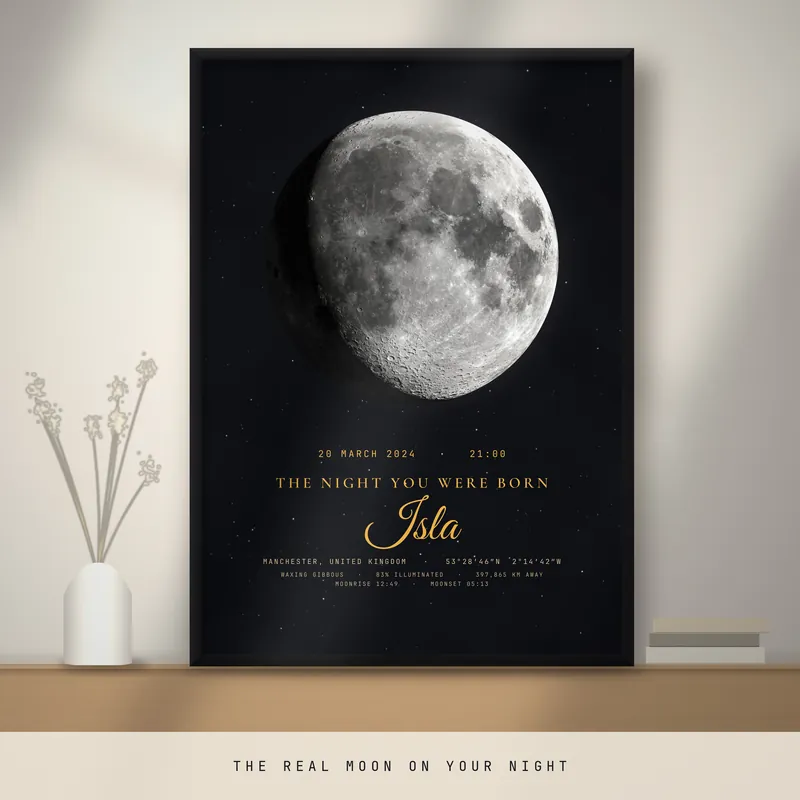 Midnight personalised moon phase print in a black frame above a sideboard